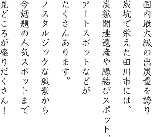 国内最大級の出炭量を誇り炭鉱で栄えた田川市には、炭坑関連遺産や縁結びスポット、アートスポットなどがたくさんあります。ノスタルジックな風景から今話題の人気スポットまで見どころが盛りだくさん!